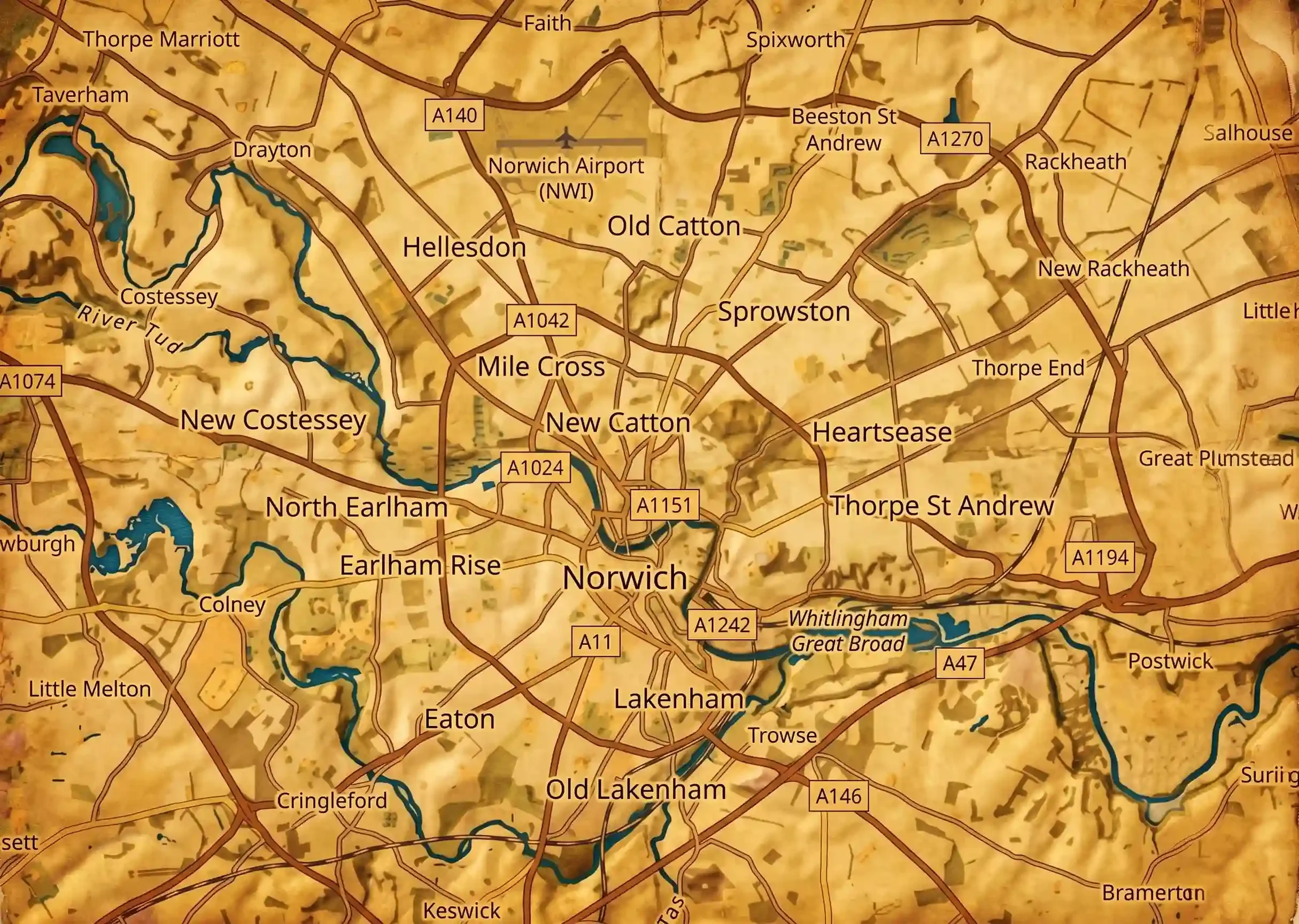 Map of Norwich and surrounding areas