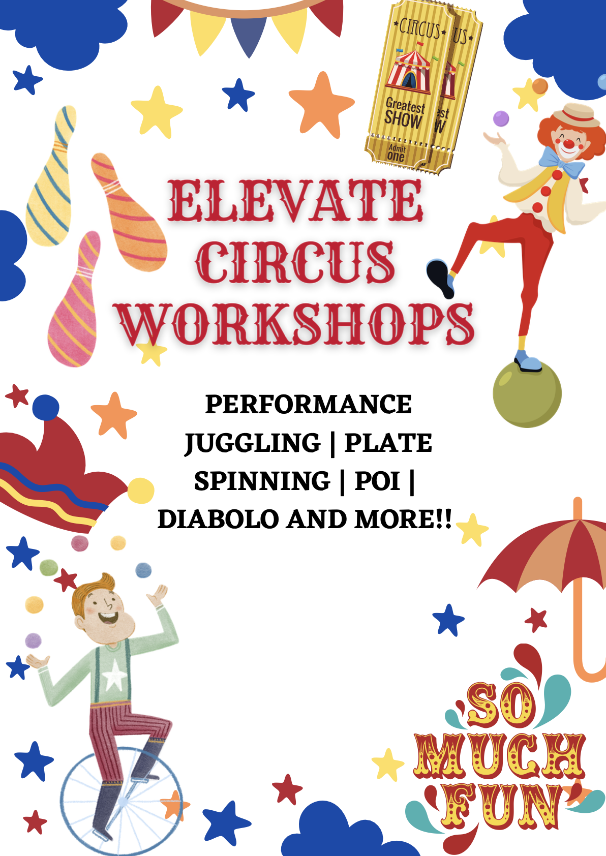 Printable Elevate Circus Workshops poster template for school events and performances