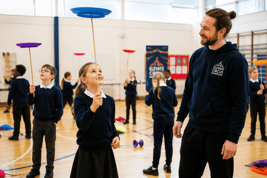 Primary school child in school uniform smiling while concentrating on spinning a plate on a stick during a circus skills workshop, with a professional tutor offering encouragement in a bright school sports hall.