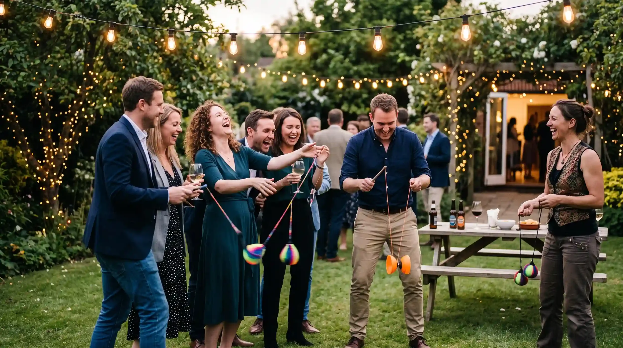 Group of adults laughing while learning poi and diabolo at an evening garden party