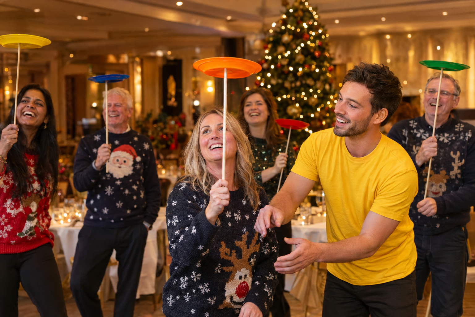 Colleagues in Christmas jumpers learning plate spinning at an office Christmas party circus skills workshop in the UK