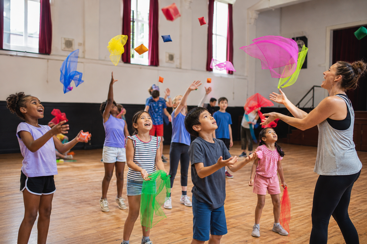 Children juggling at a summer holiday club circus skills workshop in a community hall