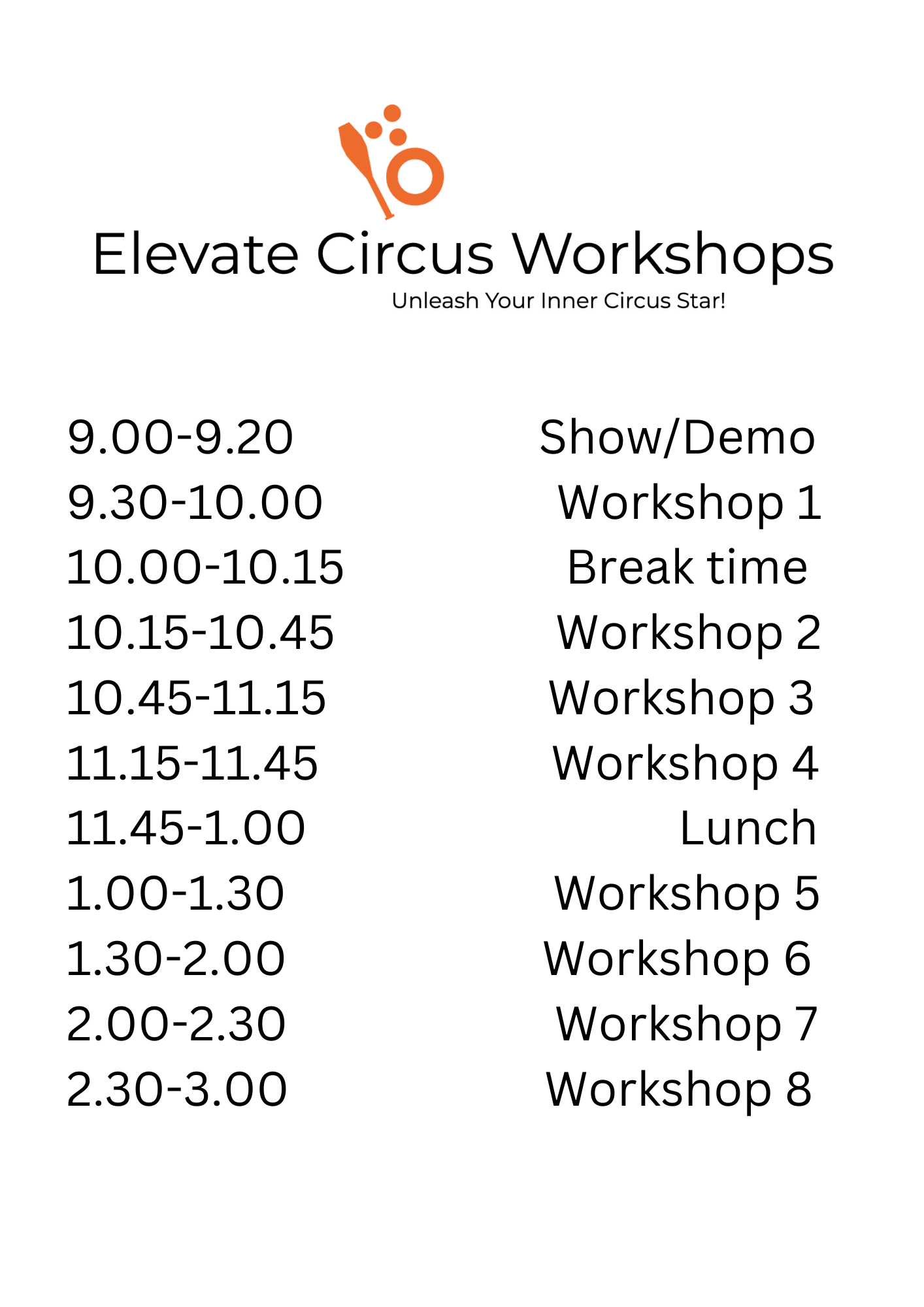 Example of a typical timetable for a school day of workshops