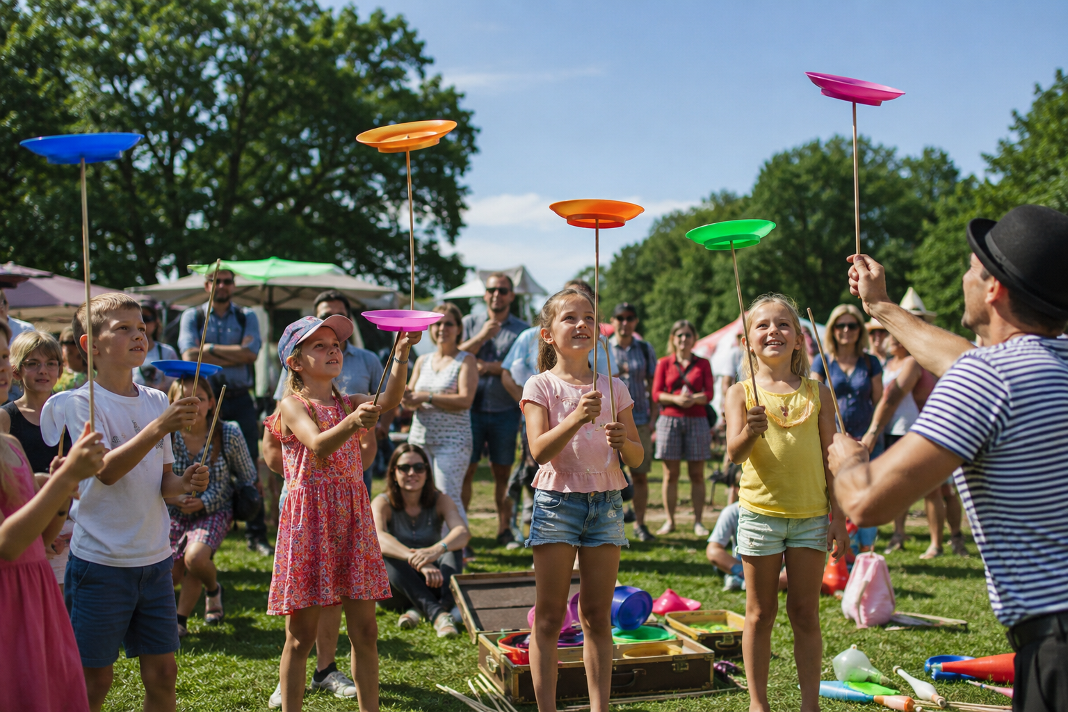 Children learning circus skills at a summer holiday club with Elevate Circus Workshops