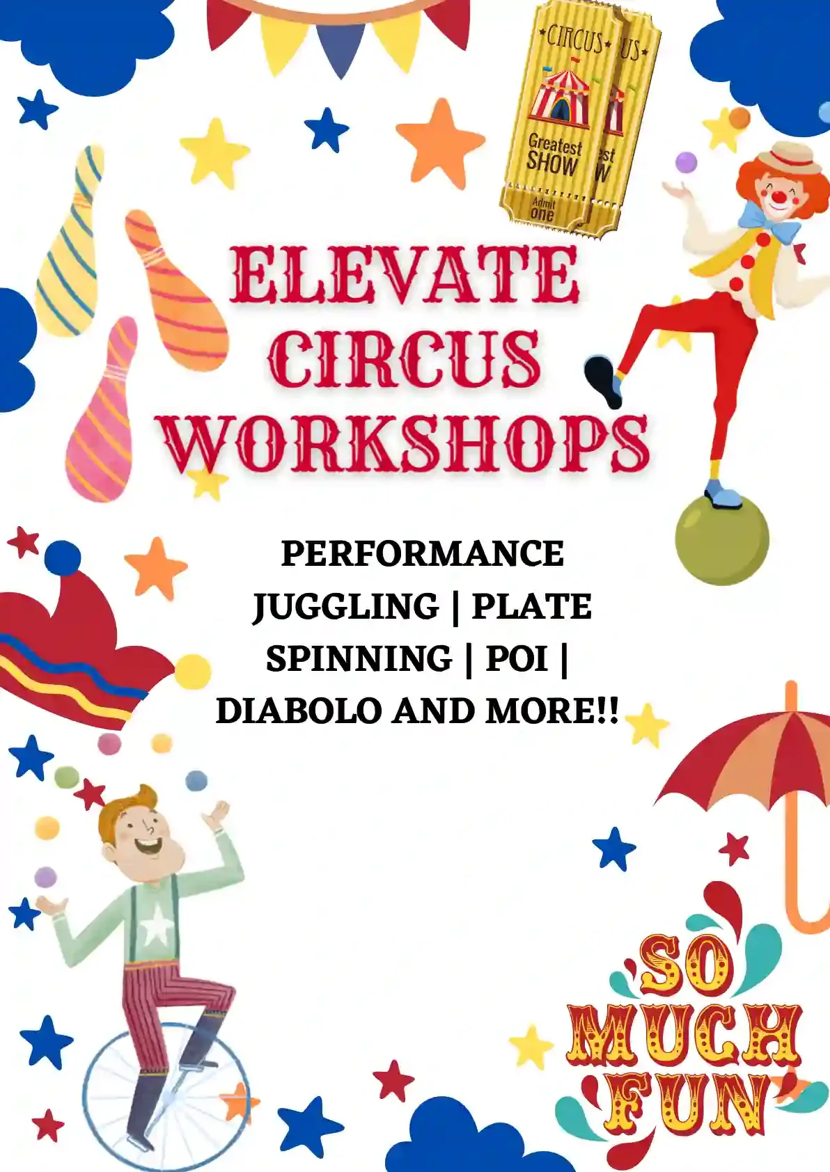 Printable Elevate Circus Workshops poster template for school events and performances