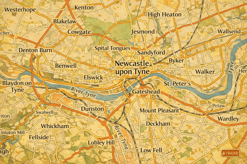 A map of Newcastle-upon-Tyne and the surrounding areas.