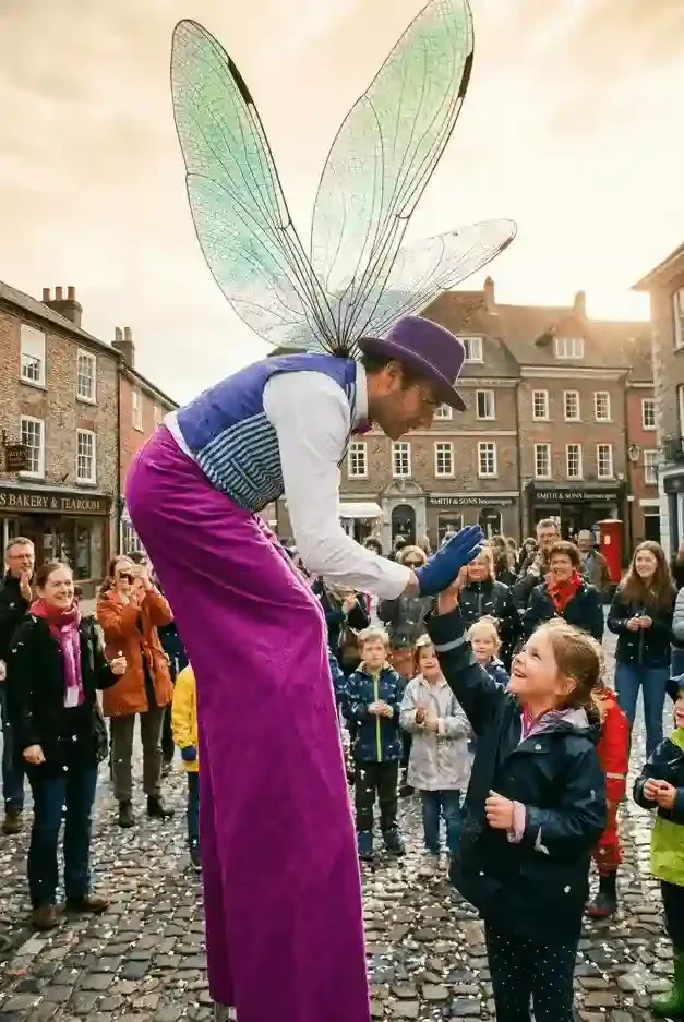 Stilt walker performer entertaining a crowd at an event in the UK