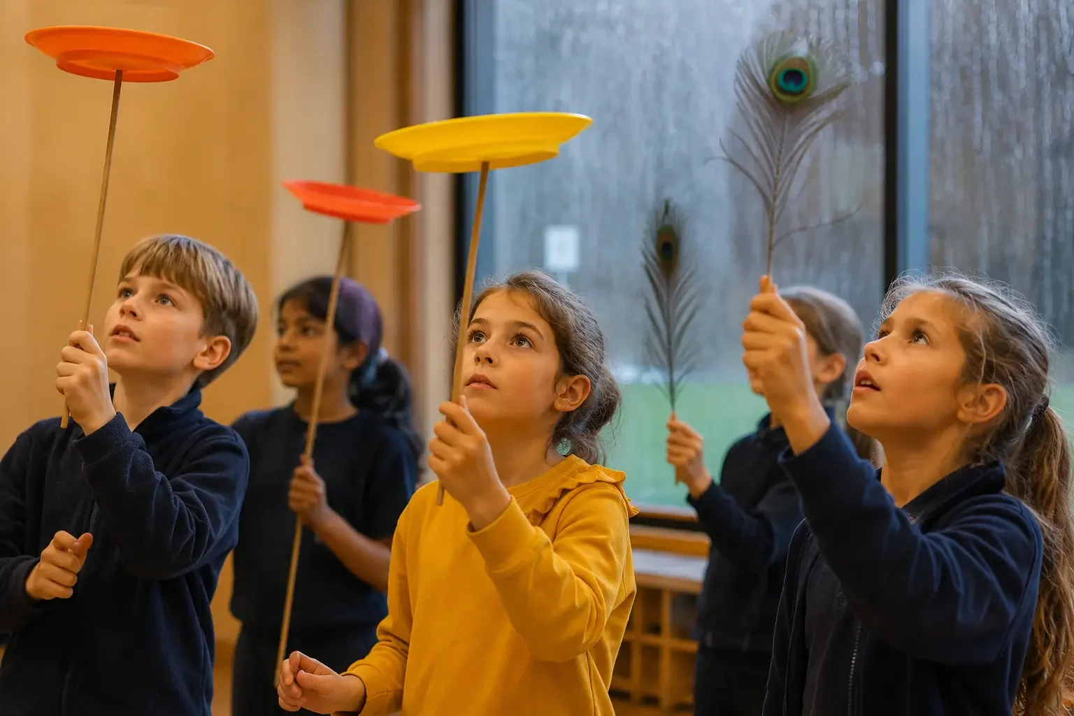 Primary school children practising plate spinning and balancing skills indoors on a rainy day