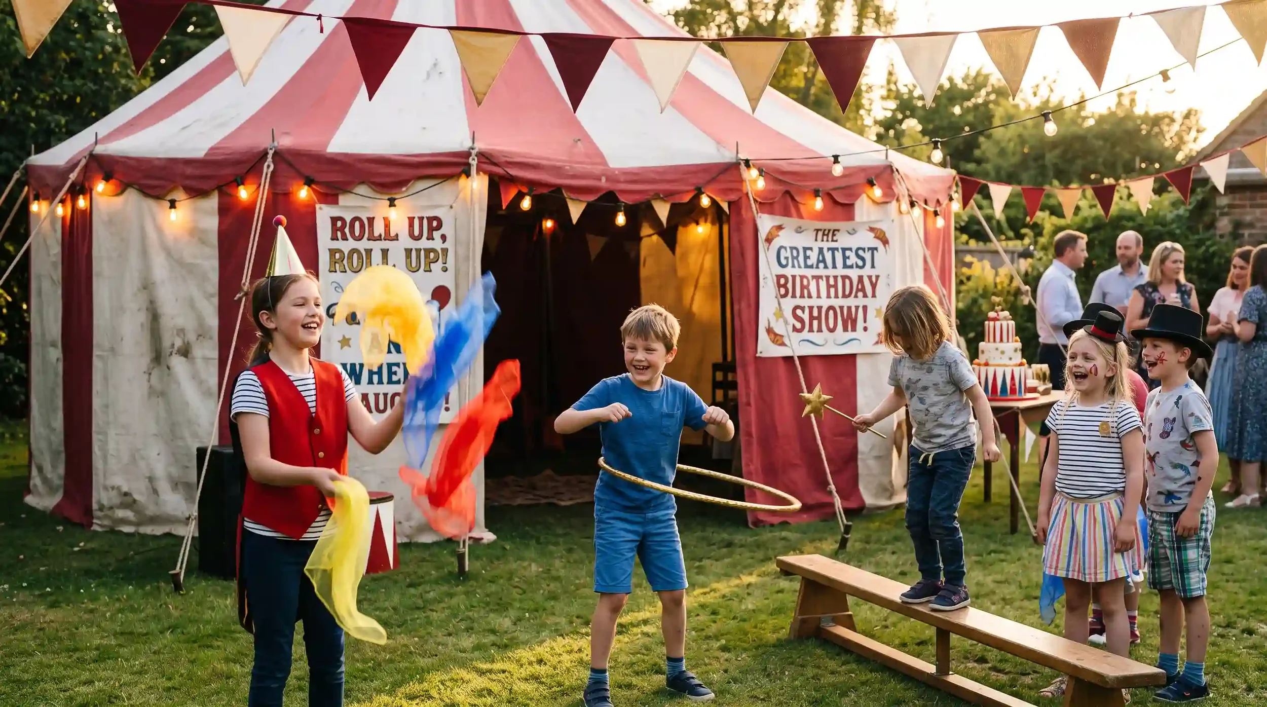 Children enjoying activities at a Greatest Showman-themed circus birthday party marquee
