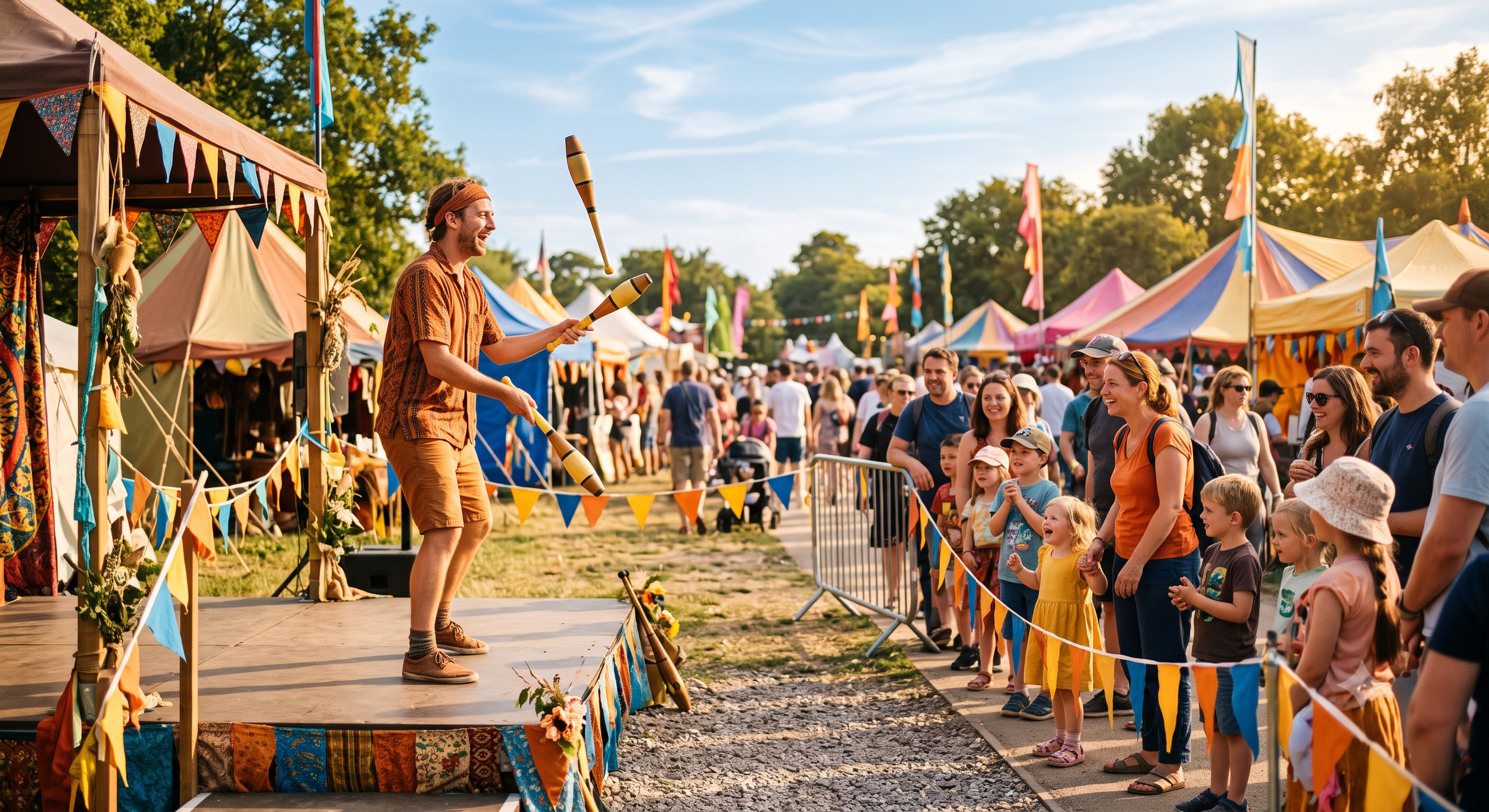 A circus tutor juggling outdoors at a packed summer festival with a queue of families waiting