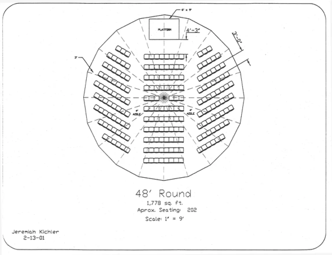 schematic of a 48 foot round small circus tent and seating chart