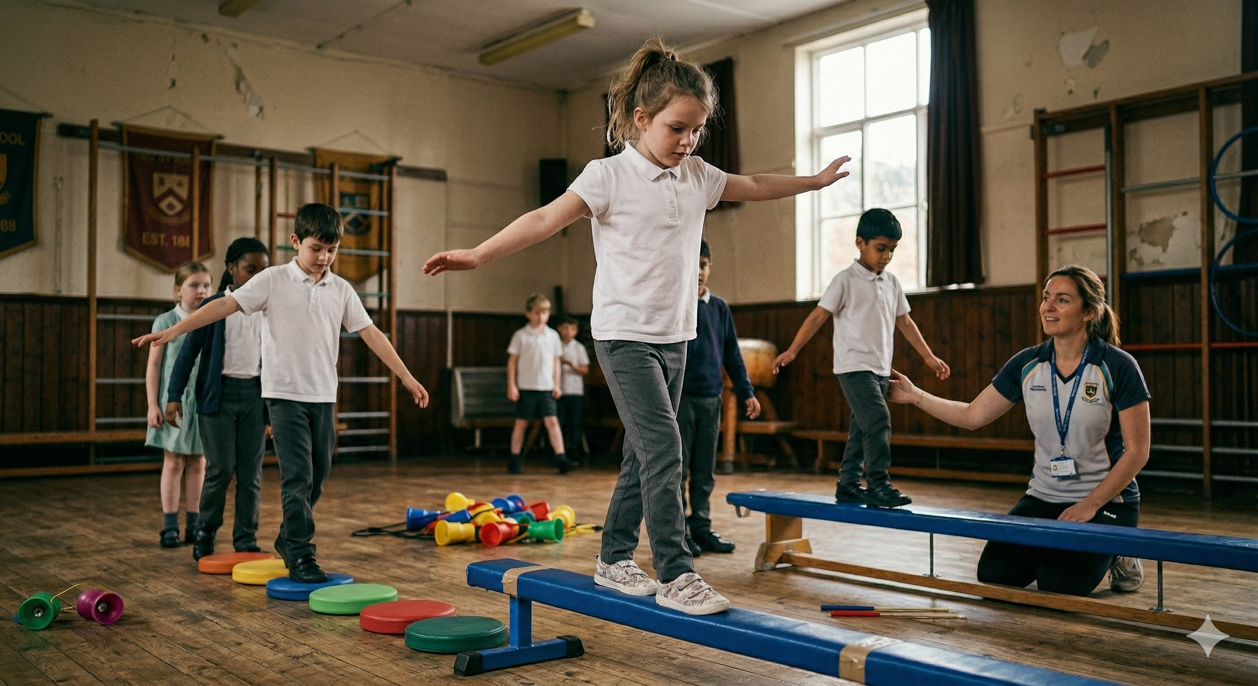 A primary school student balances on a beam, with others following a path of colourful discs and a teacher supervising.