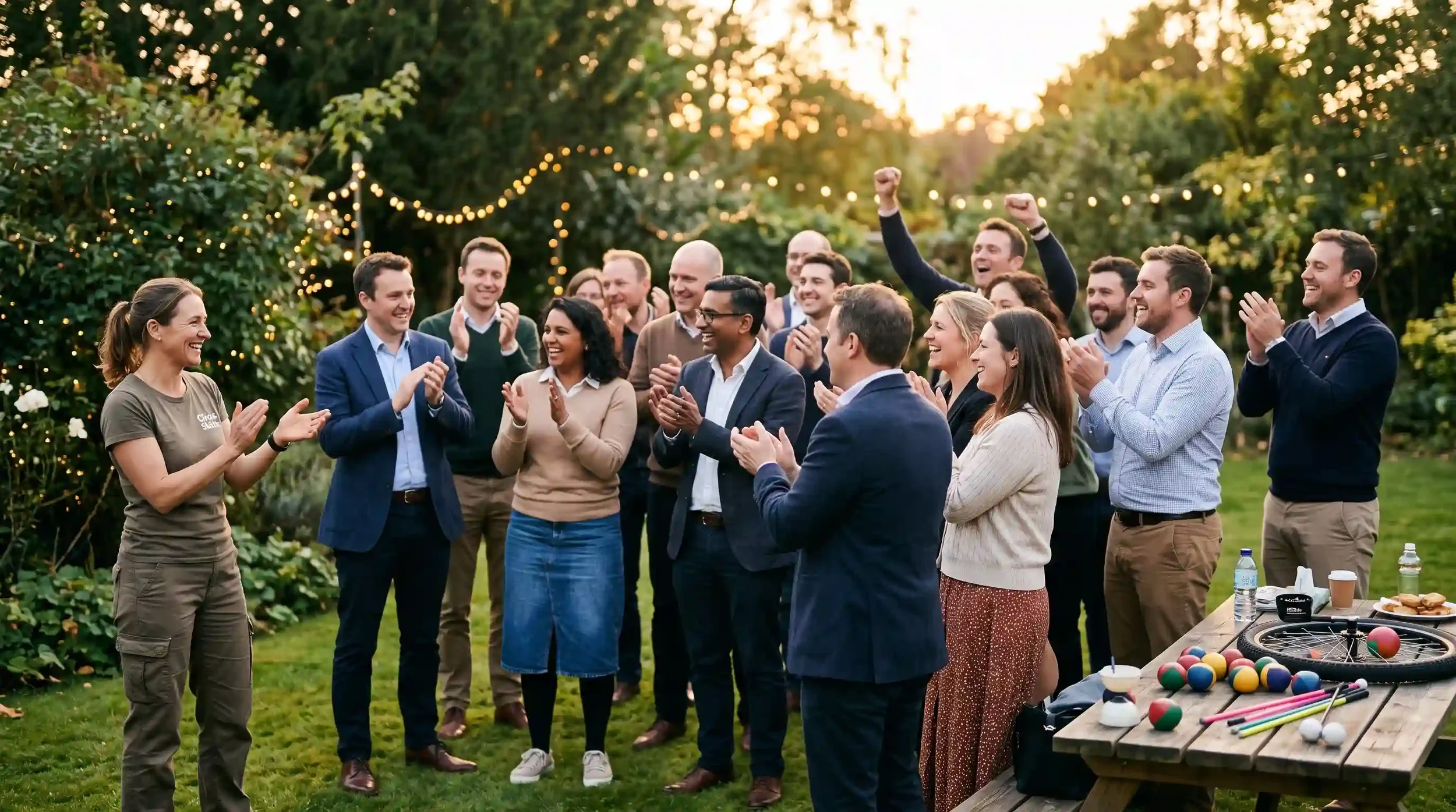 Group of adults applauding and laughing at the end of a circus skills party session