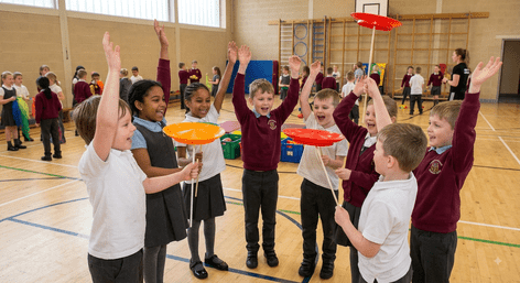 A group of SEN primary school children in uniform happily practicing plate spinning in a school gymnasium