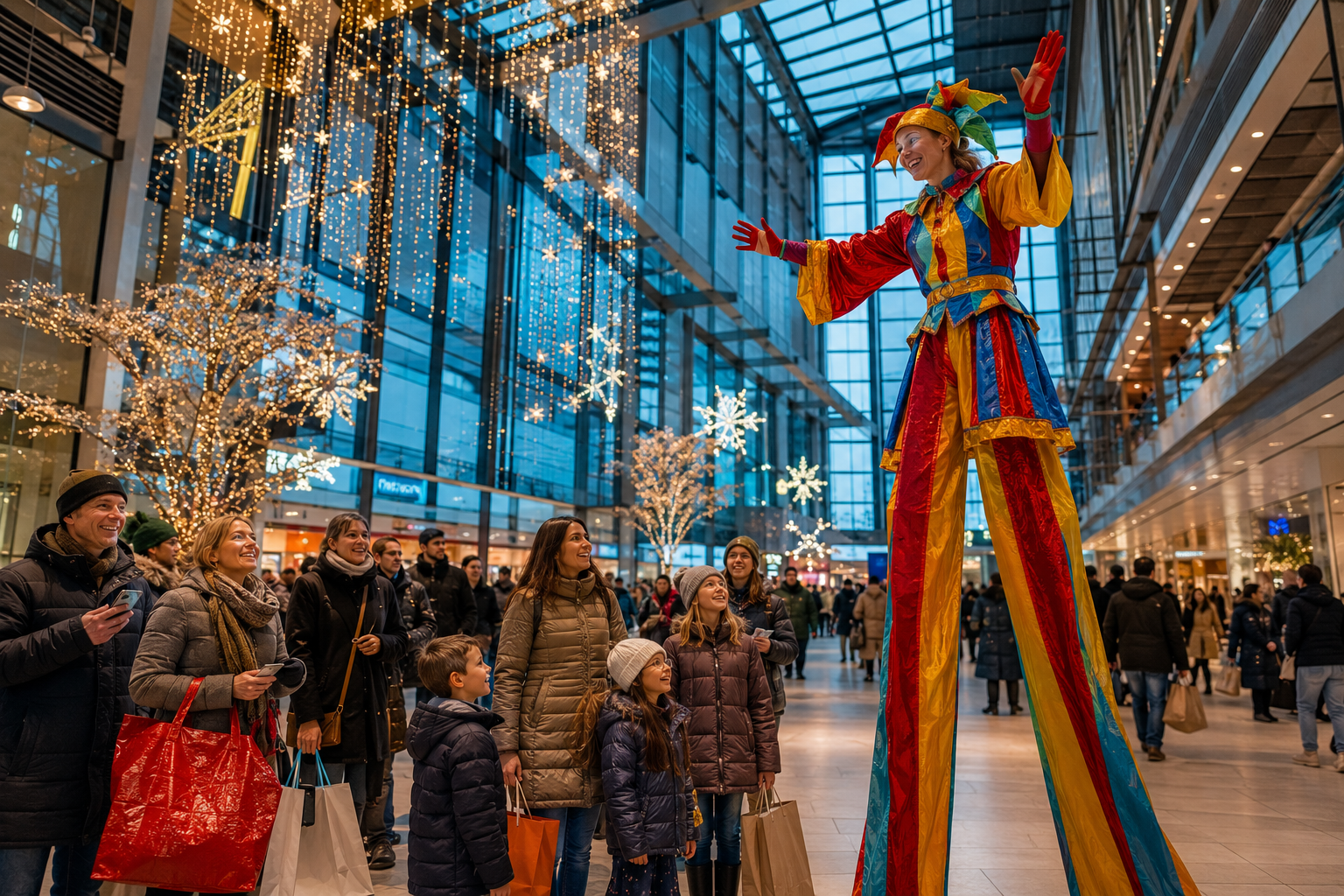 A stilt walker in a colourful costume entertaining shoppers in an indoor shopping centre atrium in winter