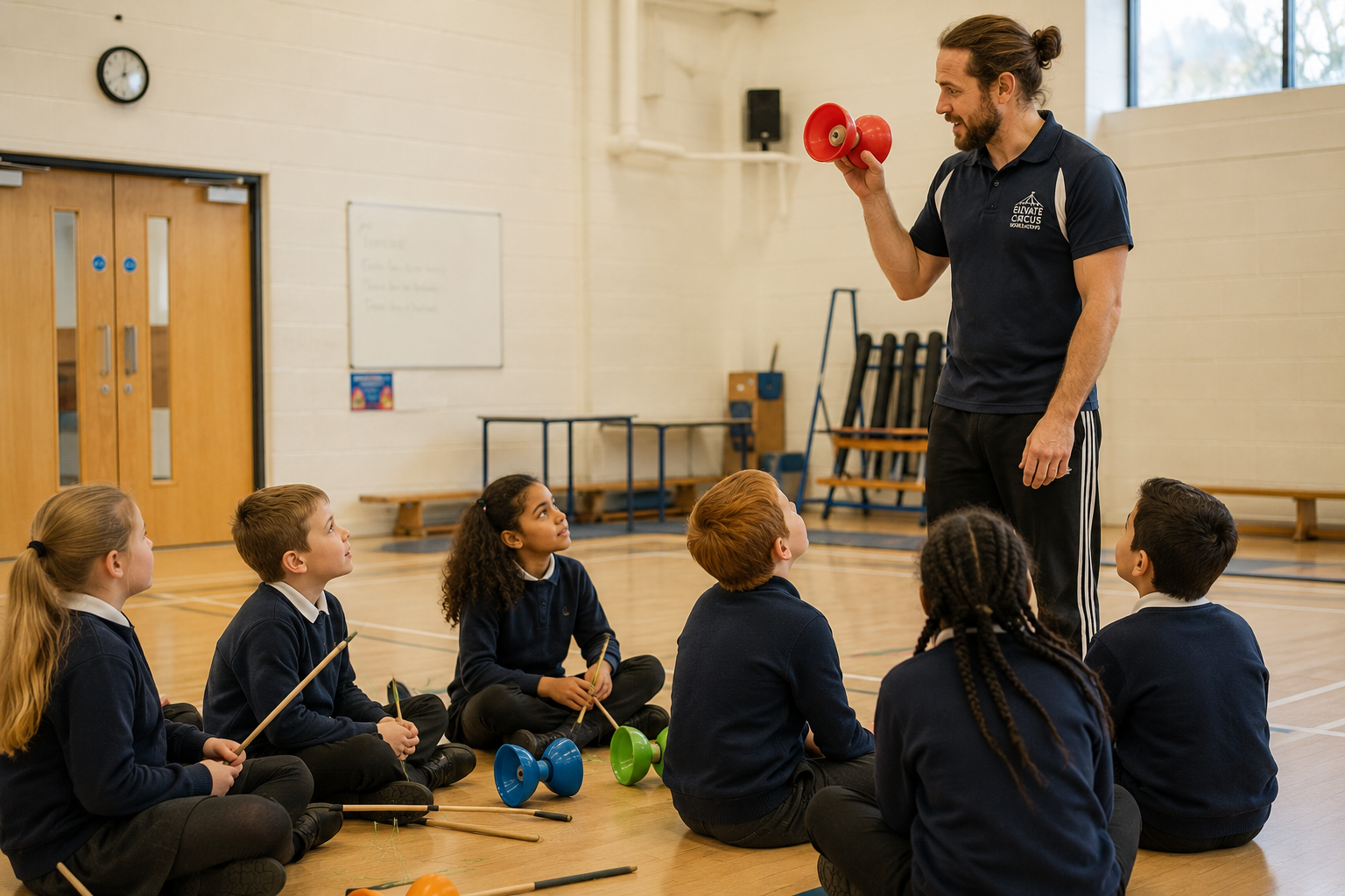 Professional circus workshop tutor demonstrating a diabolo to a seated group of attentive primary school children at the start of a circus skills session in a bright school sports hall.