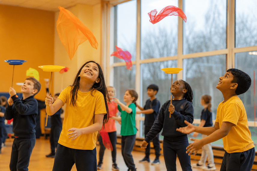circus skills workshops indoors with half a dozen children playing with plate spinning and juggling scarves