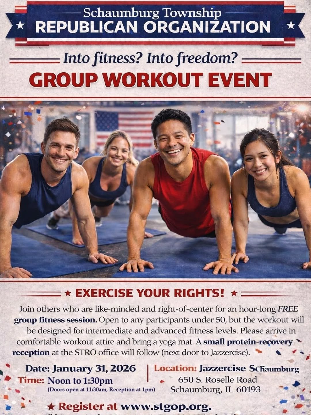 Into fitness? Into freedom? Come workout with the Schaumburg Republicans! 💪🏽🇺🇲 This fun event is open to young, active conservatives interested in bringing ideas of liberty, safety, and fiscal responsibility to Illinois and Chicago's northwest su