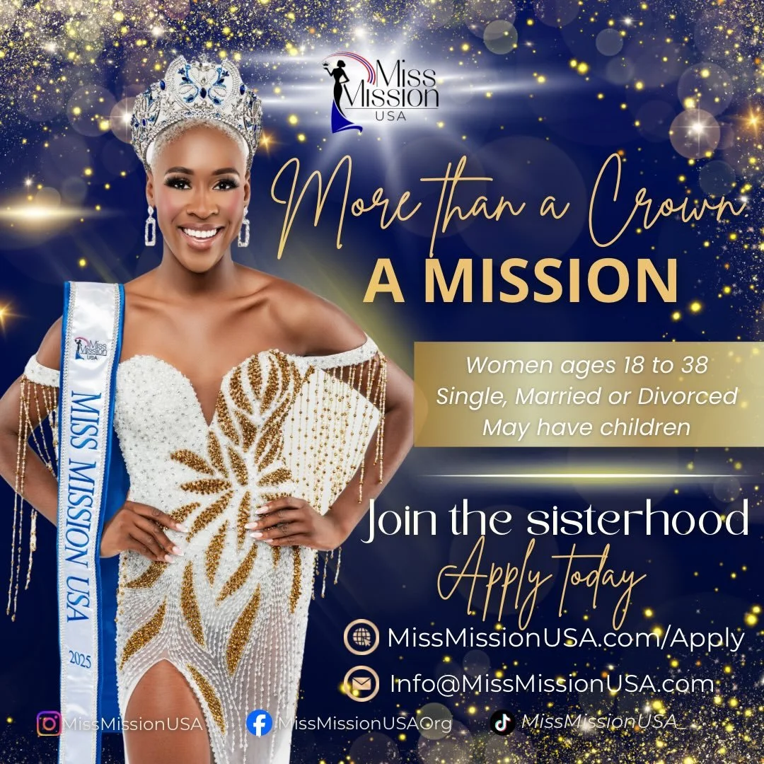 More than a crown. It&rsquo;s a calling. 👑✨

Miss Mission USA is a sisterhood of women ages 18&ndash;38 &mdash; single, married, divorced, mothers &mdash; united by purpose and impact.

If you feel called to something bigger&hellip;

Applications ar