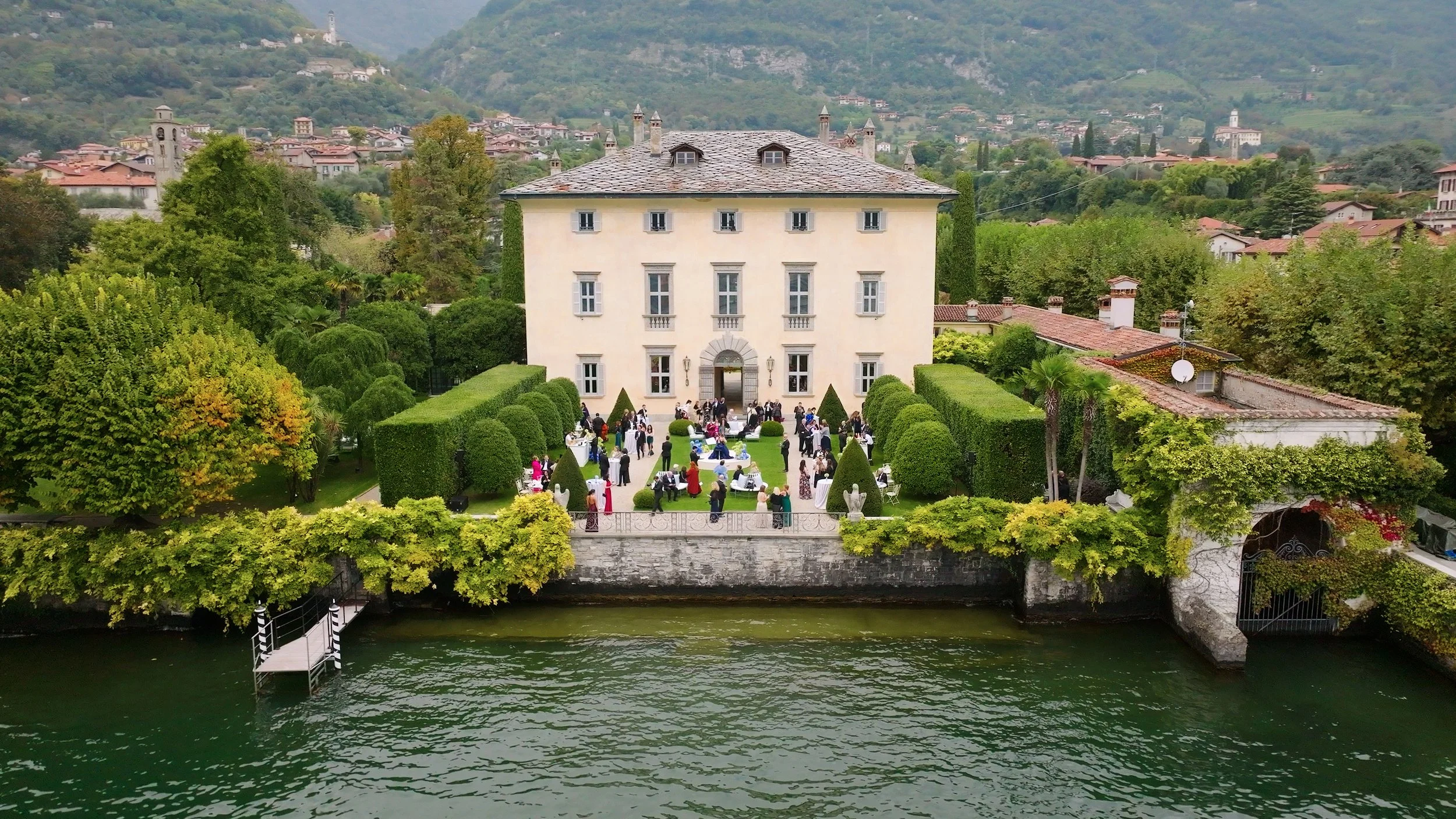 Aerial view of Villa Balbiano, an iconic luxury wedding venue on Lake Como, Italy.