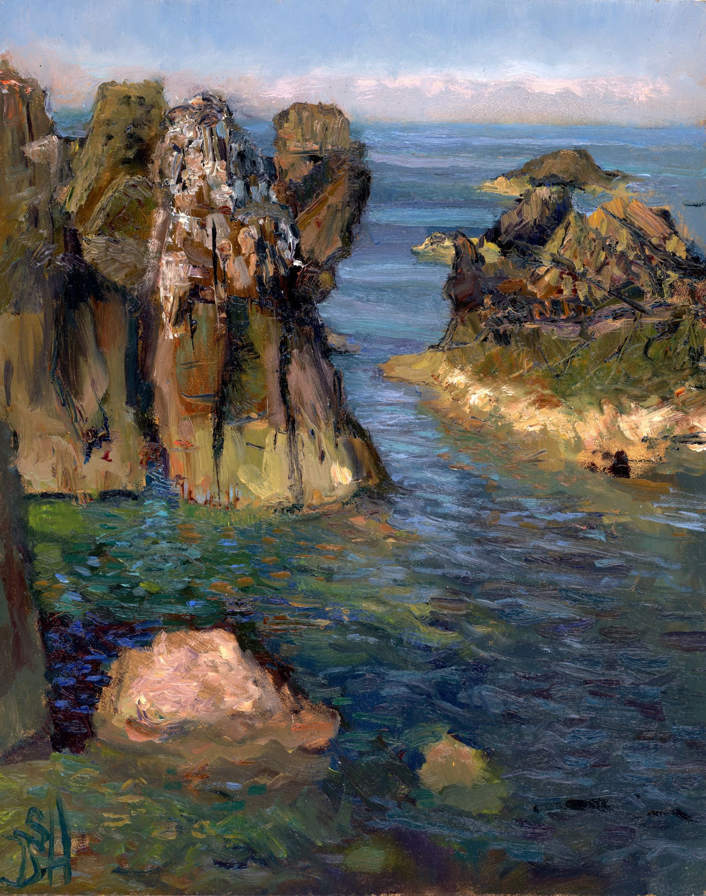Rocks at Dunbar Harbour, 30 x 24, oil on board, 2025, Scotland