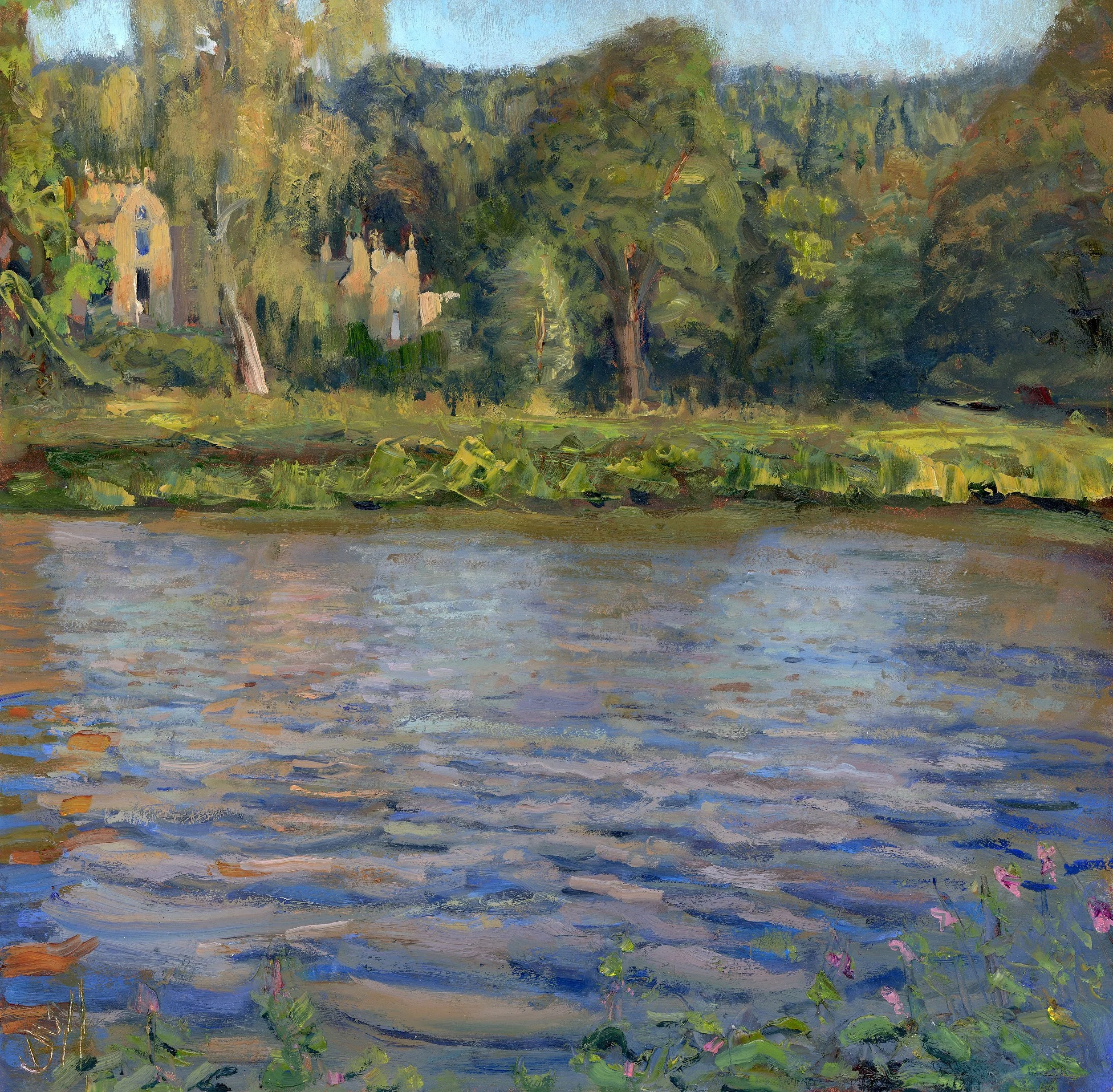 Abbotsford Across the Tweed, oil on board, 30 x 30 cm, Moy MacKay Gallery 