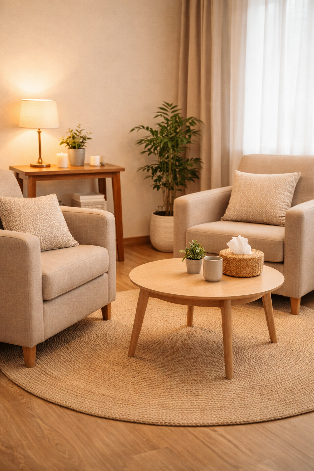 A cozy living room with beige armchairs, a round wooden coffee table, a beige rug, a side table with a lamp, potted plants, and decorative candles.