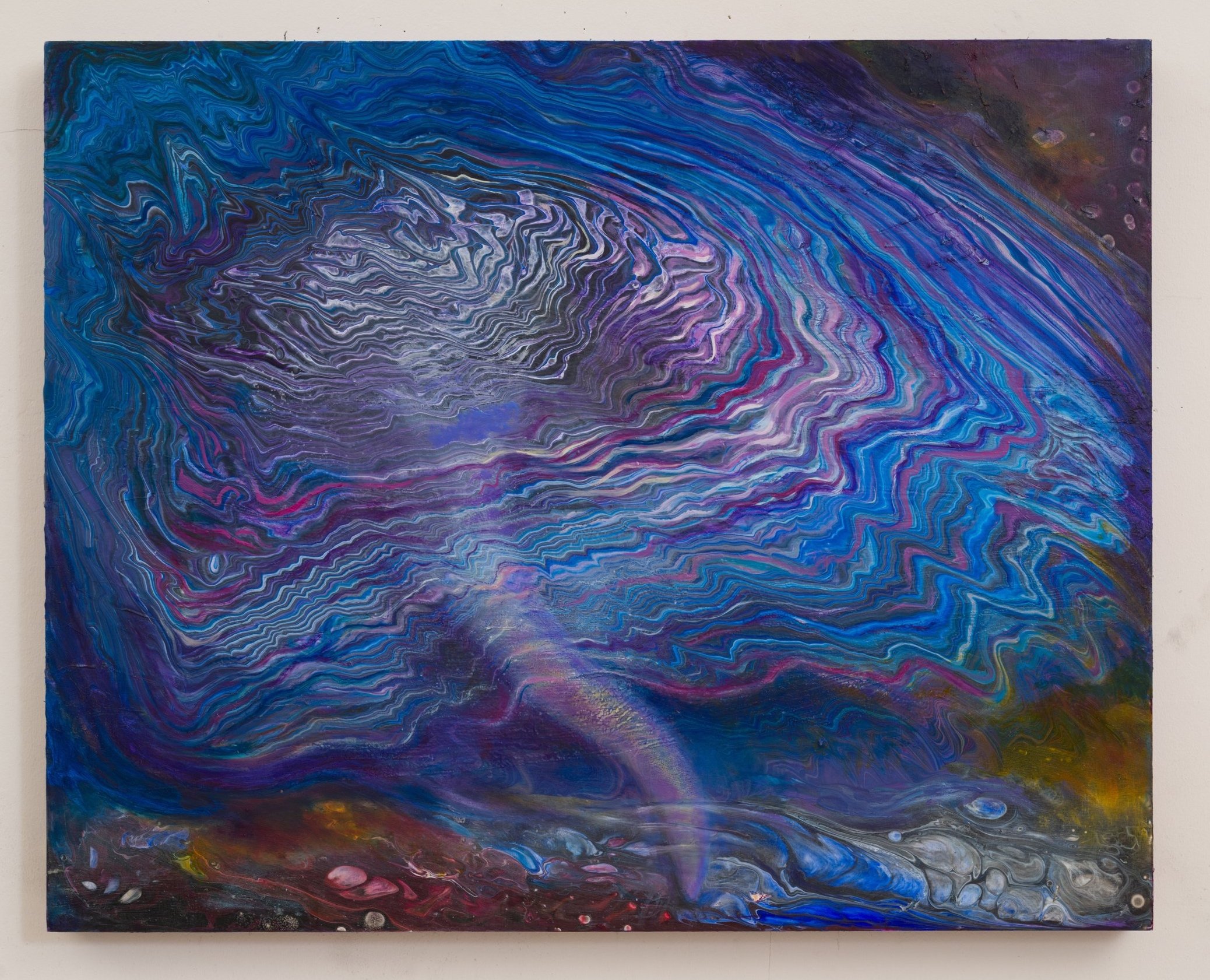 Maelstrom. 36 x 24 inches. Marble dyes, oil and acrylic paints, acrylic mediums on wooden panel. 2024.