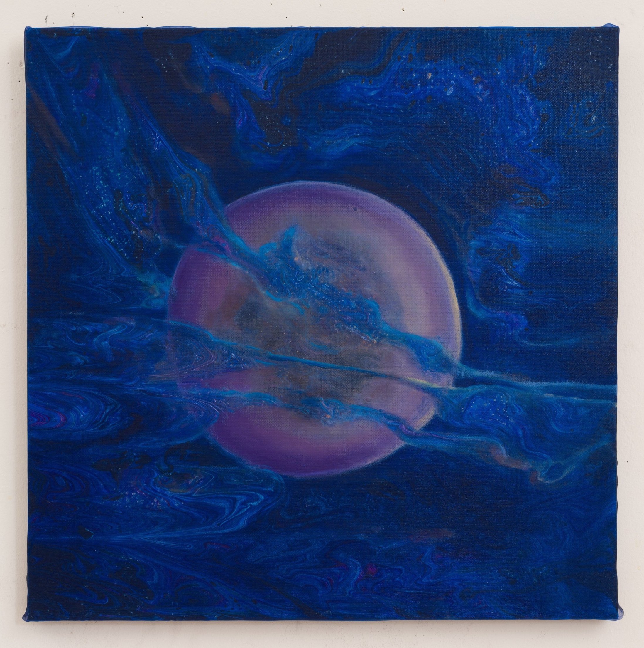 Blue Moon. 20 x 20 inches. Oil and acrylic paints, acrylic pours on canvas, wrapped in organza. 2024.