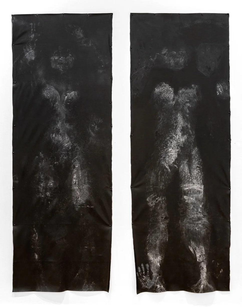 Night Skins #2, #3. Each 26 x 72 inches. Glue and talcum powder on faux leather. 2025.