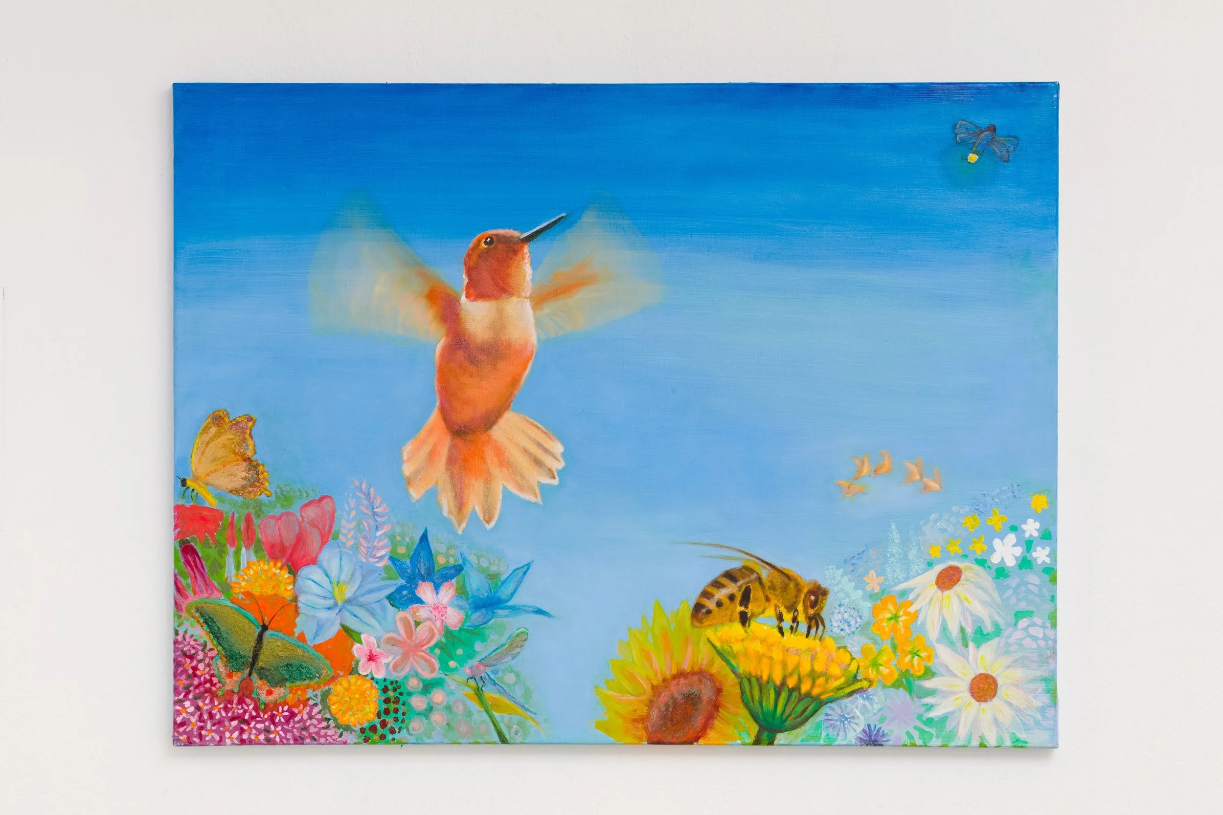 Sky Inhabitants.  40x30 inches. Oil, phosphorescent , iridescent, fluorescent paints on linen. 2025.