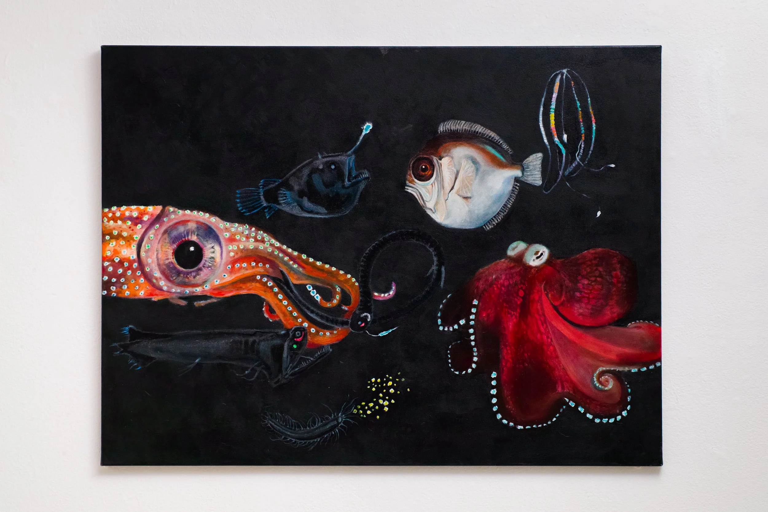 Abyss into Dark #2.  40x30 inches. Oil, phosphorescent , iridescent, fluorescent paints on linen. 2025.