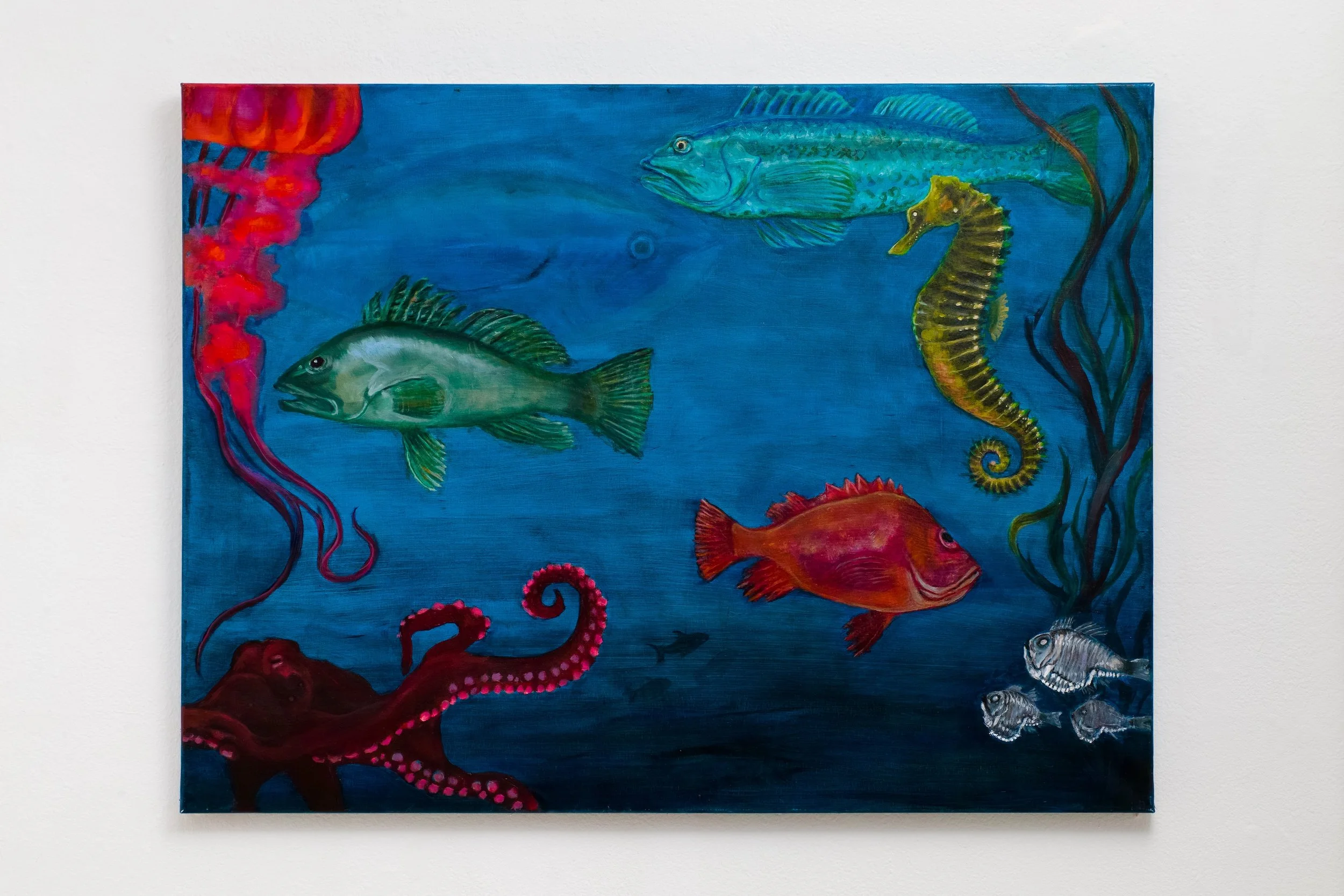 Dark into Twilight.  40x30 inches. Oil, phosphorescent , iridescent, fluorescent paints on linen. 2025.