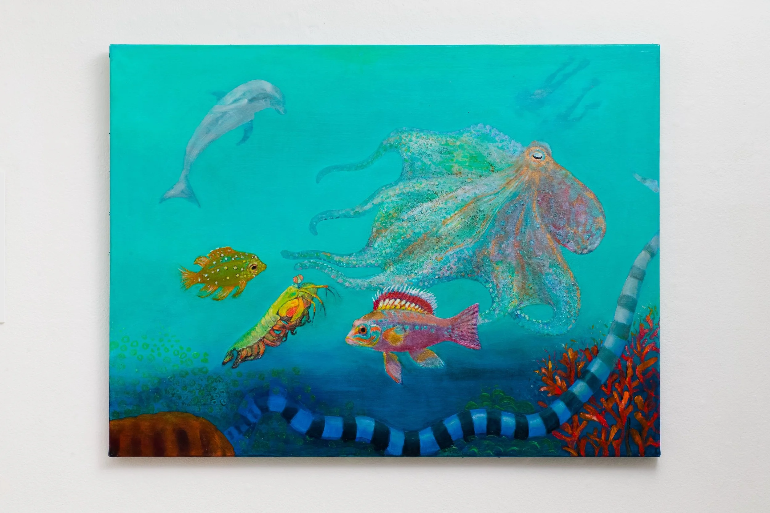 Shallows.  40x30 inches. Oil, phosphorescent , iridescent, fluorescent paints on linen.  2025.