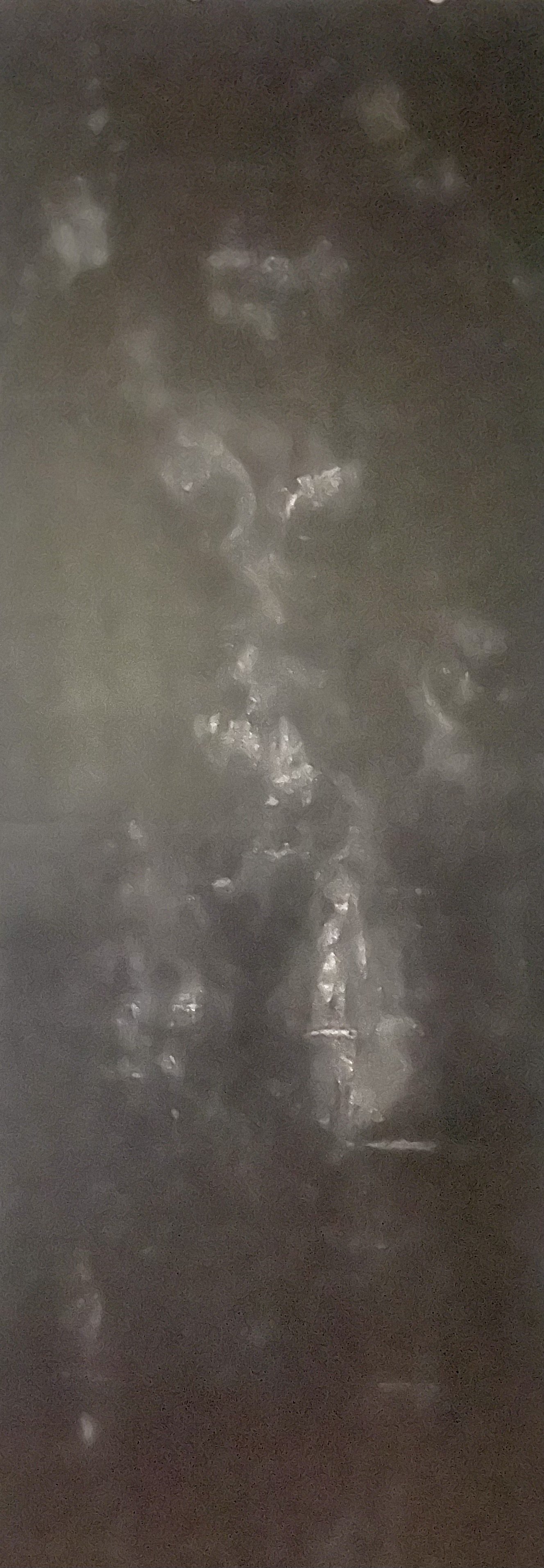 Night Skin #2. Glue and talcum powder on faux leather. 27.5 x 72 inches. 2025.