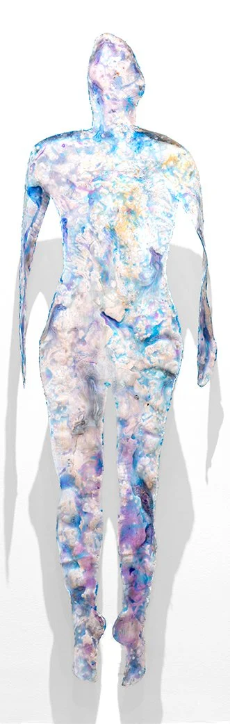 Flay #2. 39 x 69 inches. Acrylic paints, pours, and glue on vinyl. 2023.