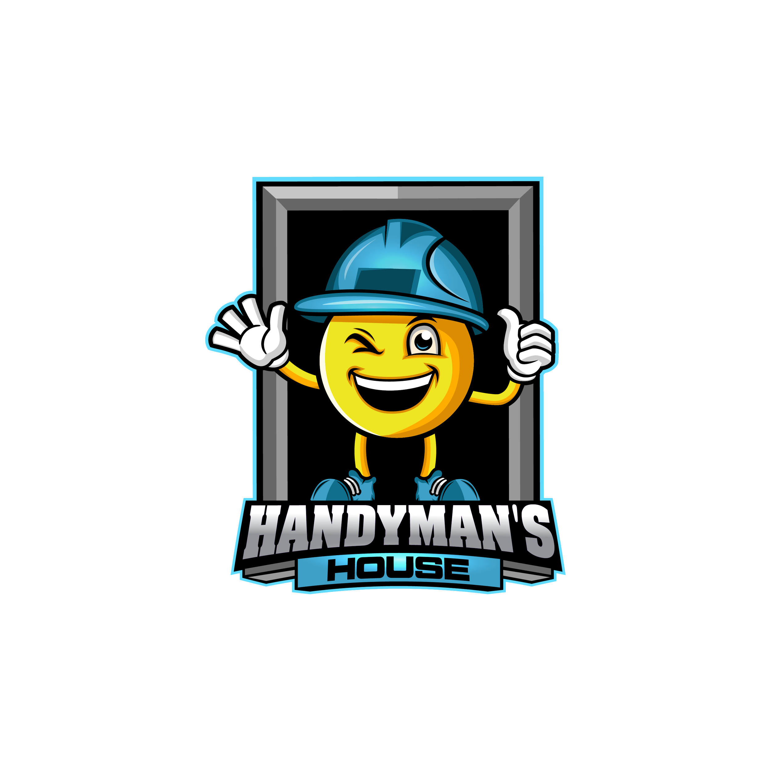 A cartoon emoji character with a yellow face, wagging tongue, and one eye winking, wearing a gray hard hat. The character is giving a thumbs-up and standing in front of a framed certificate or poster that reads "Handyman's House."