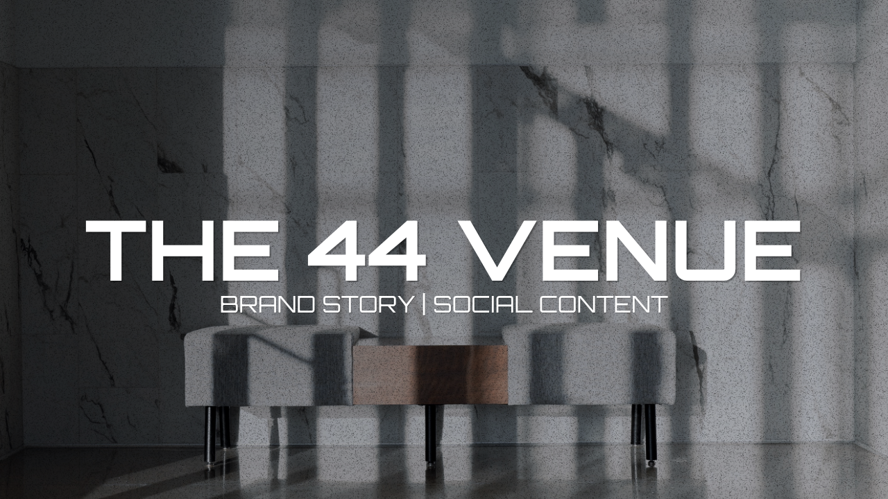 Modern sofa against a marble wall with shadows, and text overlay reading 'The 44 Venue, Brand Story | Social Content'.