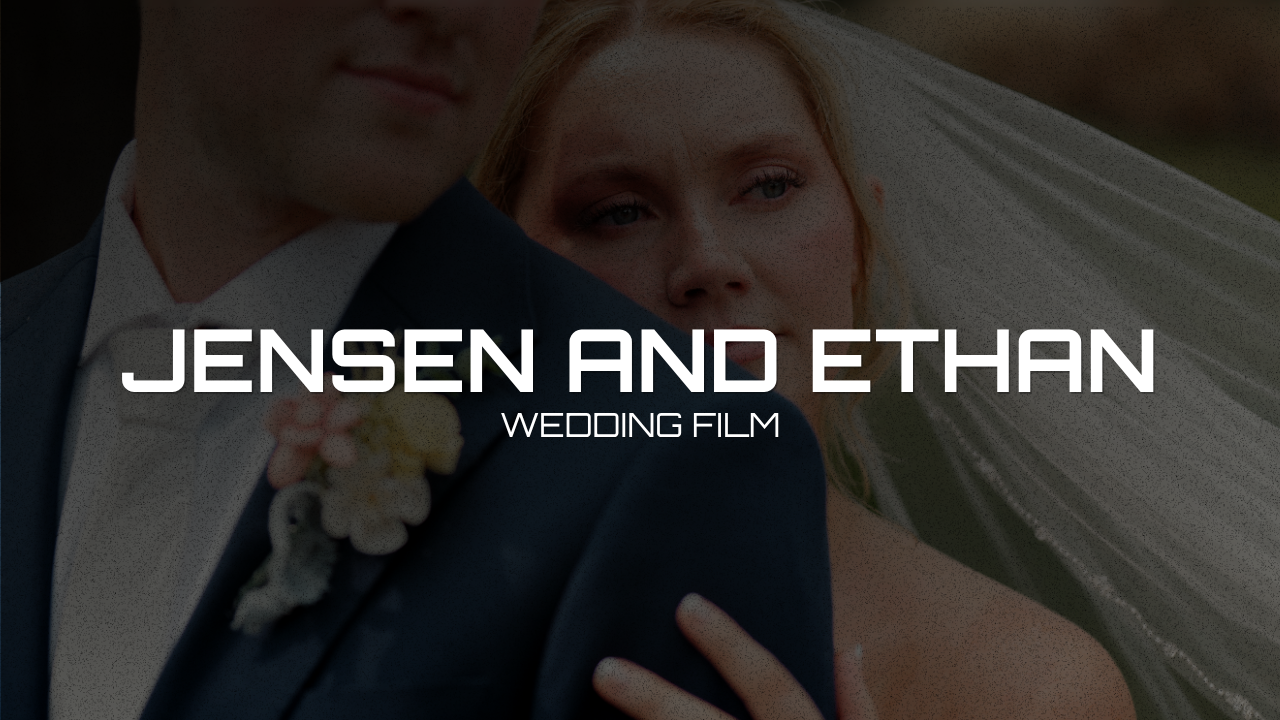 A bride with blonde hair and fair skin, and a groom with fair skin in a tuxedo, close together outdoors during daytime, with the bride wearing a veil and a white dress, and a wedding film title overlayed