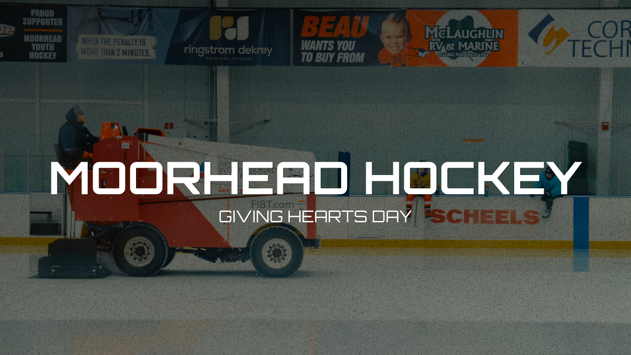 Ice rink with Zamboni machine and person skating, promotional banner for Moorhead Hockey Giving Hearts Day.
