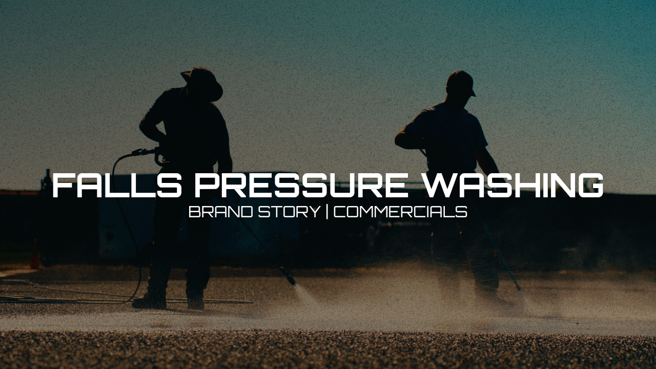 Two workers pressure washing a surface outdoors during sunset, with text overlay promoting Fall Pressure Washing brand story and commercials.