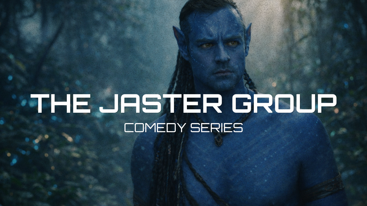 A blue-skinned, humanoid character with pointed ears and long braids, standing in a forest with a serious expression. Text overlays say 'The Jaster Group' and 'Comedy Series'.