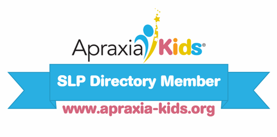 Apraxia Kids logo with a blue ribbon banner that says 'SLP Directory Member' and the website www.apraxia-kids.org.