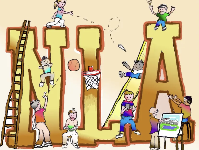 Children playing around large, stylized letters spelling 'NITA,' with a basketball hoop attached to the letter 'I,' and a teacher painting on a canvas.