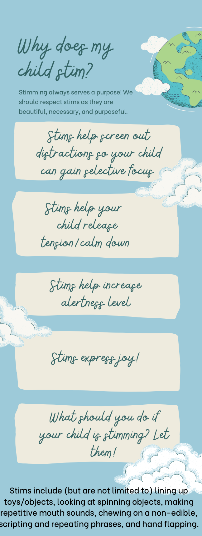 An infographic explaining the importance of stimming for children, with tips for parents. It features a cartoon earth with clouds on a blue background.