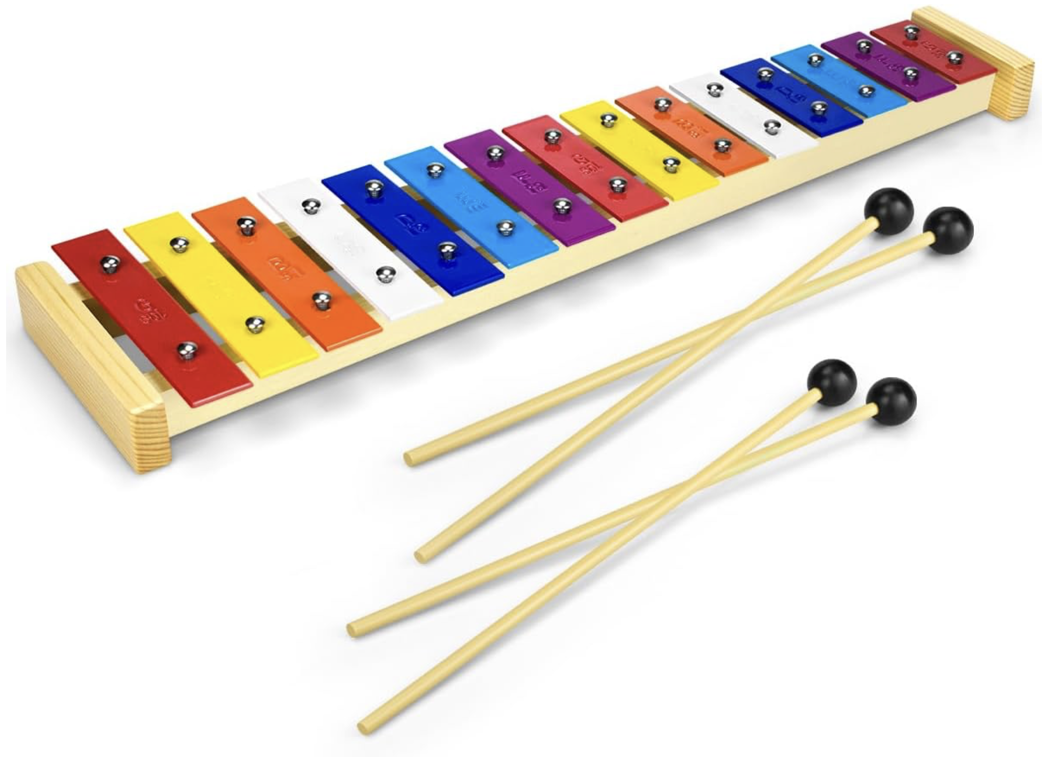 Colorful wooden xylophone with mallets.