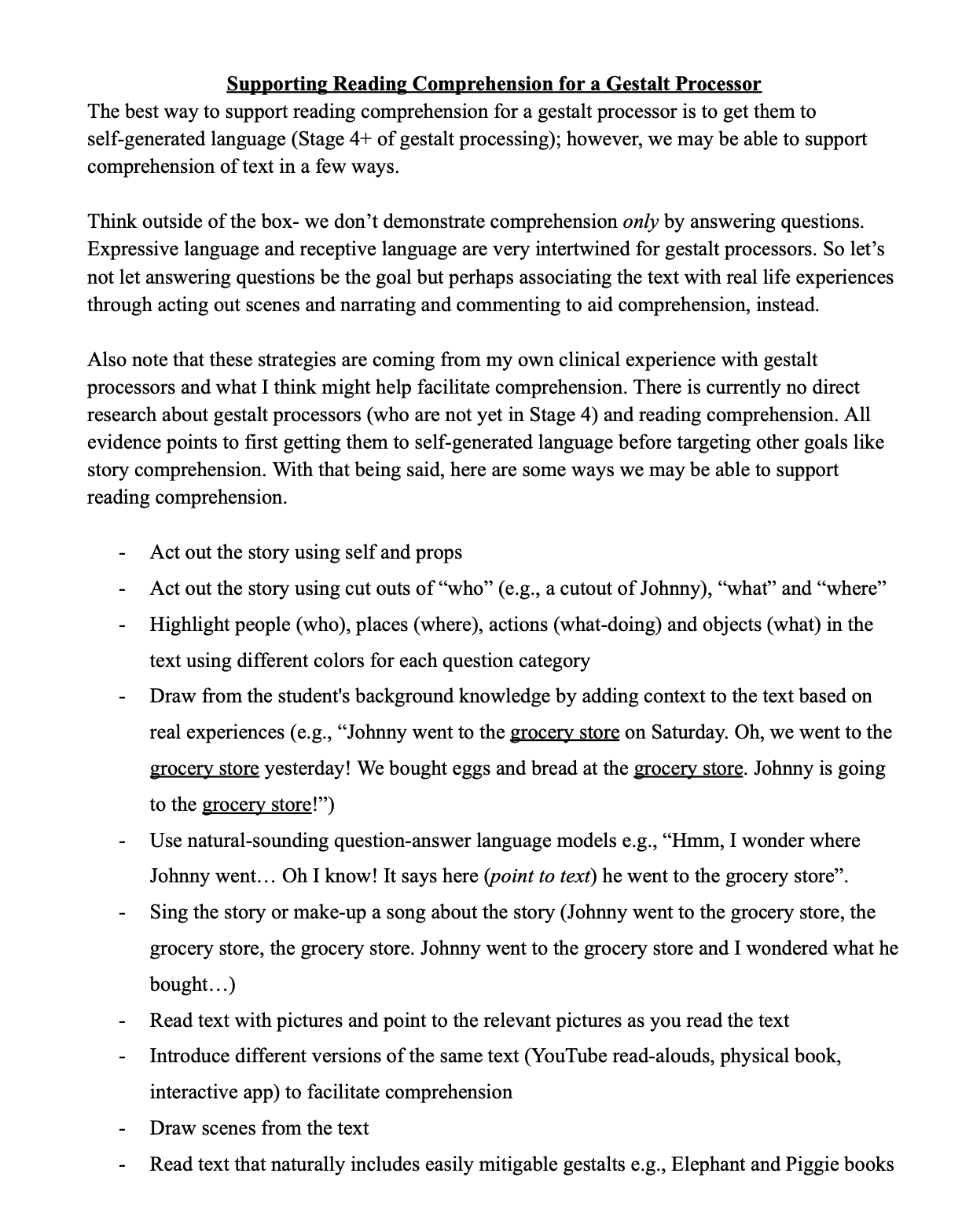 A scientific article titled "Supporting Reading Comprehension for a Gestalt Processor" discussing strategies to support reading comprehension in gesture-based processing, including acting out stories, highlighting information, drawing from background knowledge, using natural language models, singing, reading with pictures, introducing versions of the text, drawing scenes, and reading naturally with gestures.