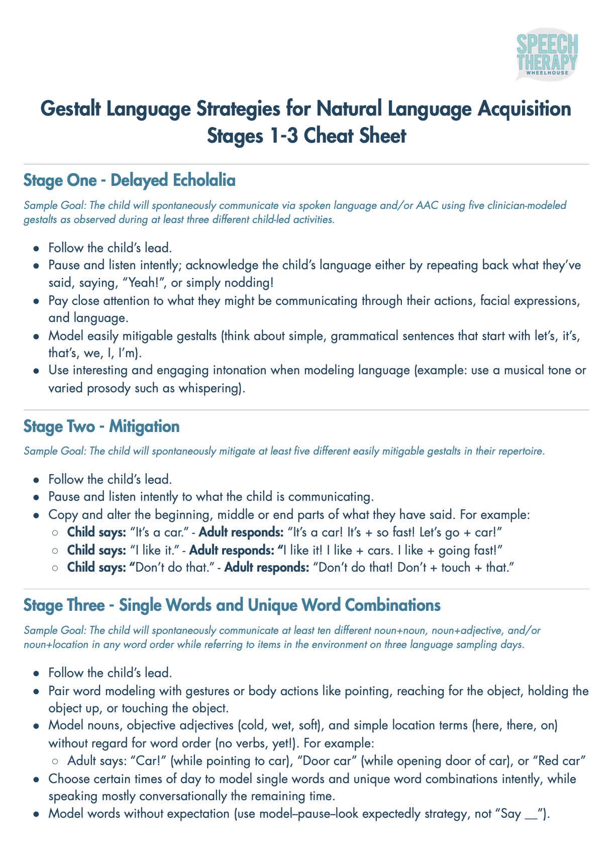 Document titled 'Gestalt Language Strategies for Natural Language Acquisition Stages 1-3 Cheat Sheet' with sections on Stage One - Delayed Echolalia, Stage Two - Mitigation, and Stage Three - Single Words and Unique Word Combinations, providing strategies and example goals for speech therapy.