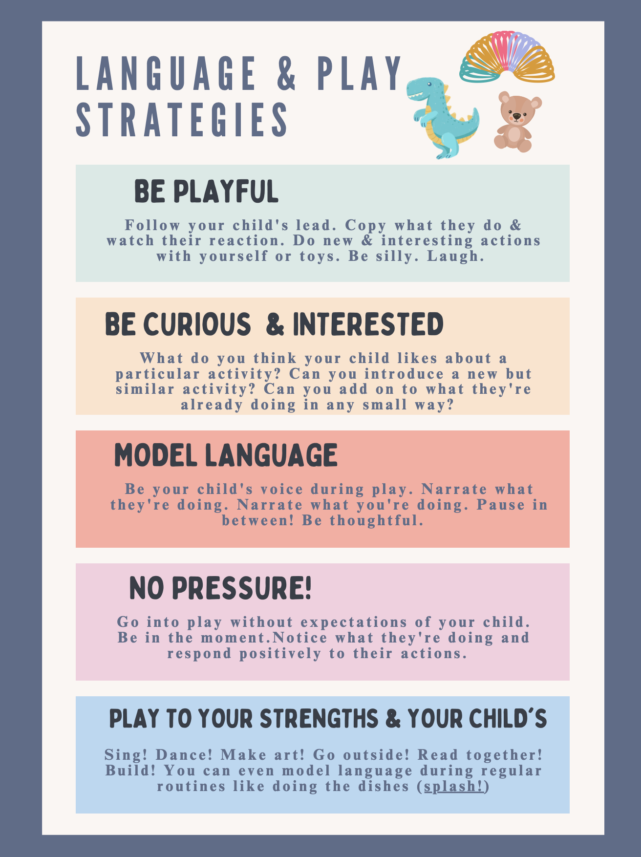 Infographic titled "Language & Play Strategies" with colorful illustrations of a toy dinosaur, teddy bear, and rainbow. The infographic includes tips such as "Be Playful," "Be Curious & Interested," "Model Language," "No Pressure!" and "Play to Your Strengths & Your Child's," offering advice for engaging with children through play and communication.