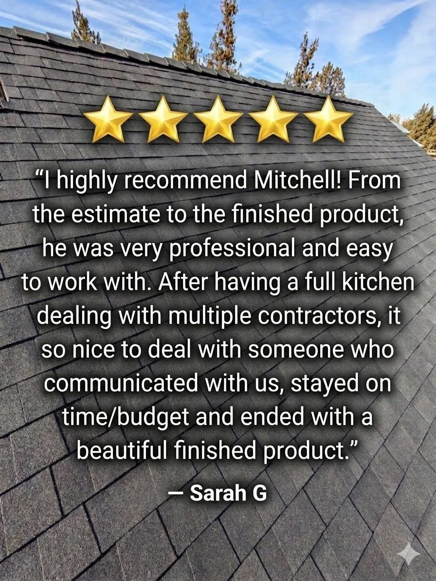 Five-star customer testimonial from Sarah G praising Mitchell’s professional roofing work, communication, and on-time, on-budget finished product.